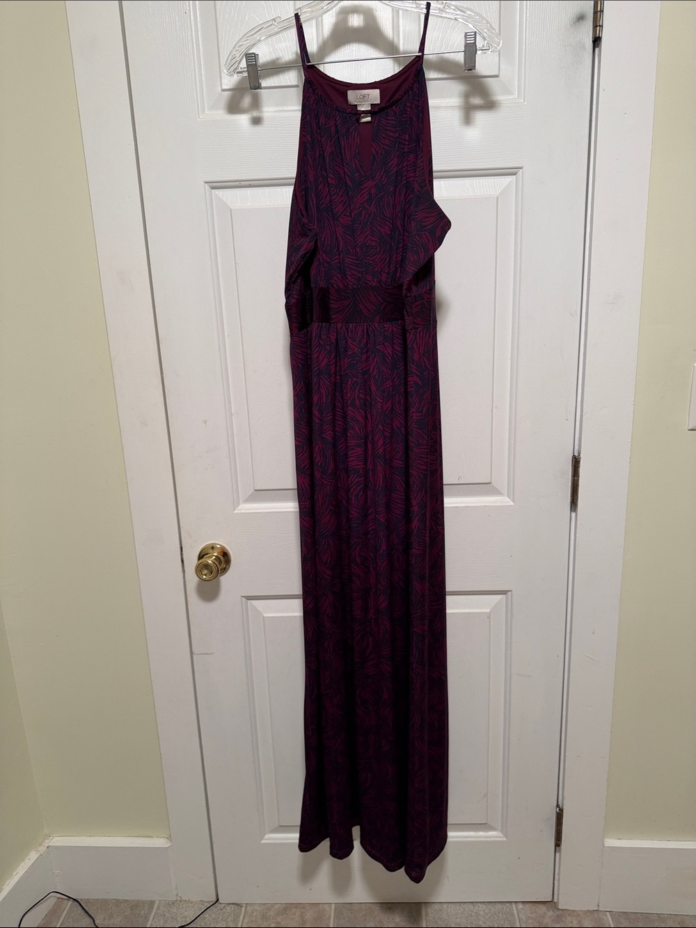 LOFT Sleeveless Maxi Dress in Purple and Black Leaf Print